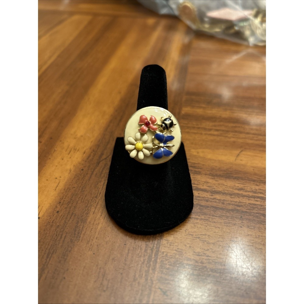 Vintage Enamel Butterfly Lady Bug Statement Stretch Ring